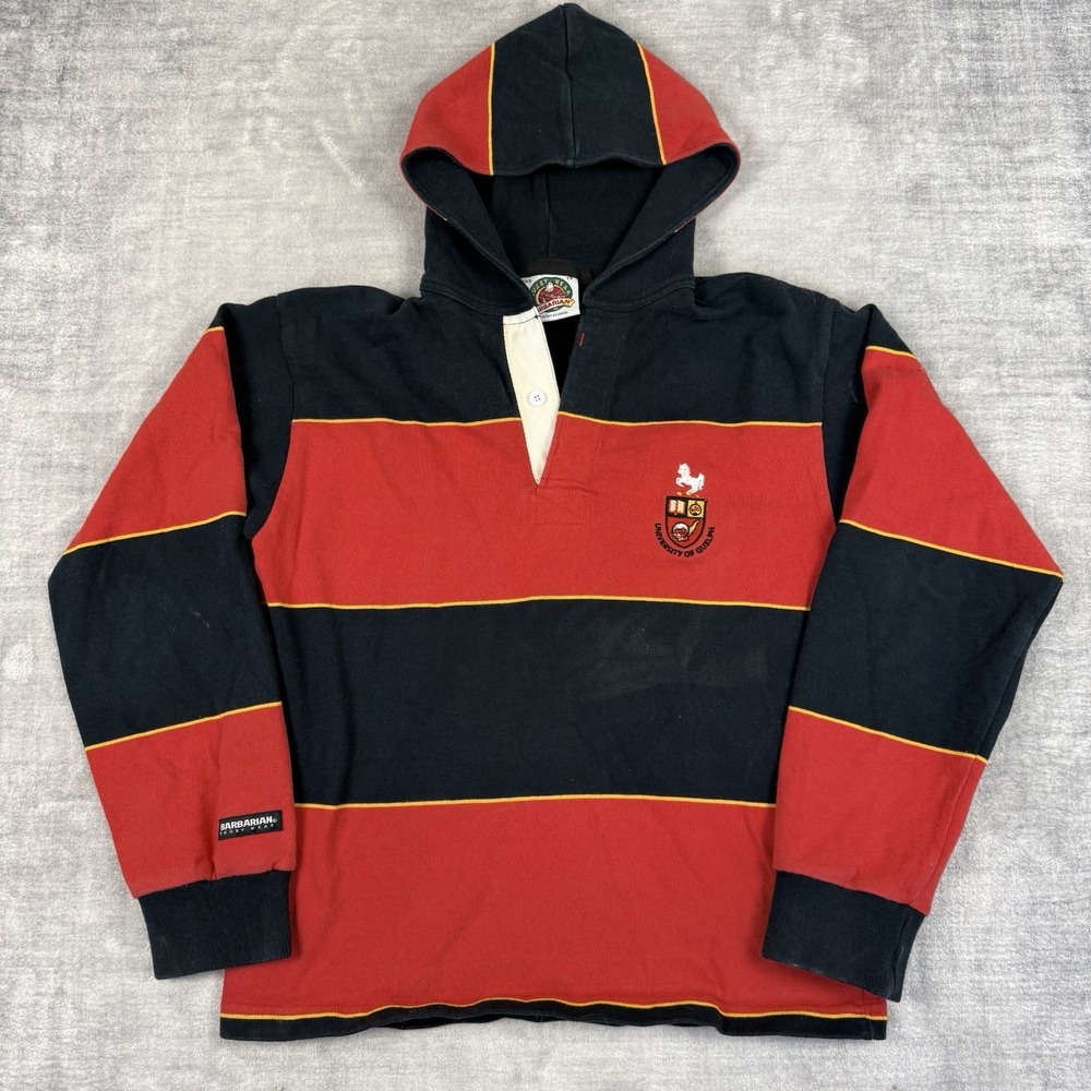 Vtg Barbarian Rugby Wear Sweater Mens XS Red Striped Hoodie University Of Guelph